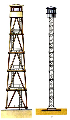 Пожарные наблюдательные вышки: 1 - деревянная высотой 25 м, 2 - металлическая высотой 35 м.