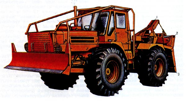 3. Трелёвочный трактор, оборудованный пачковым захватом: 1 - стрела, 2 - захват, 3 - щит.